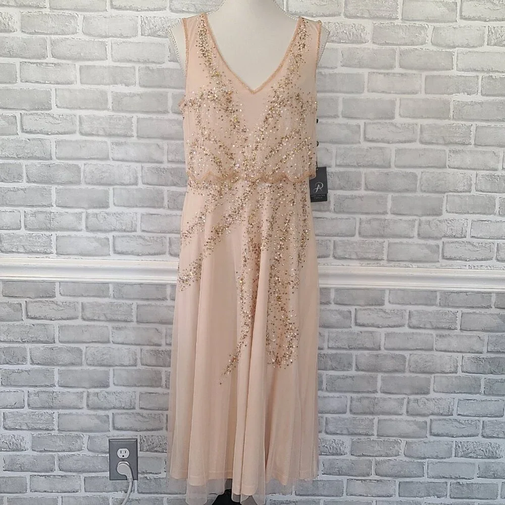 Adrianna Papell NWT Blush Beaded Art Deco Mesh V-Neck Cocktail Midi Dress 12